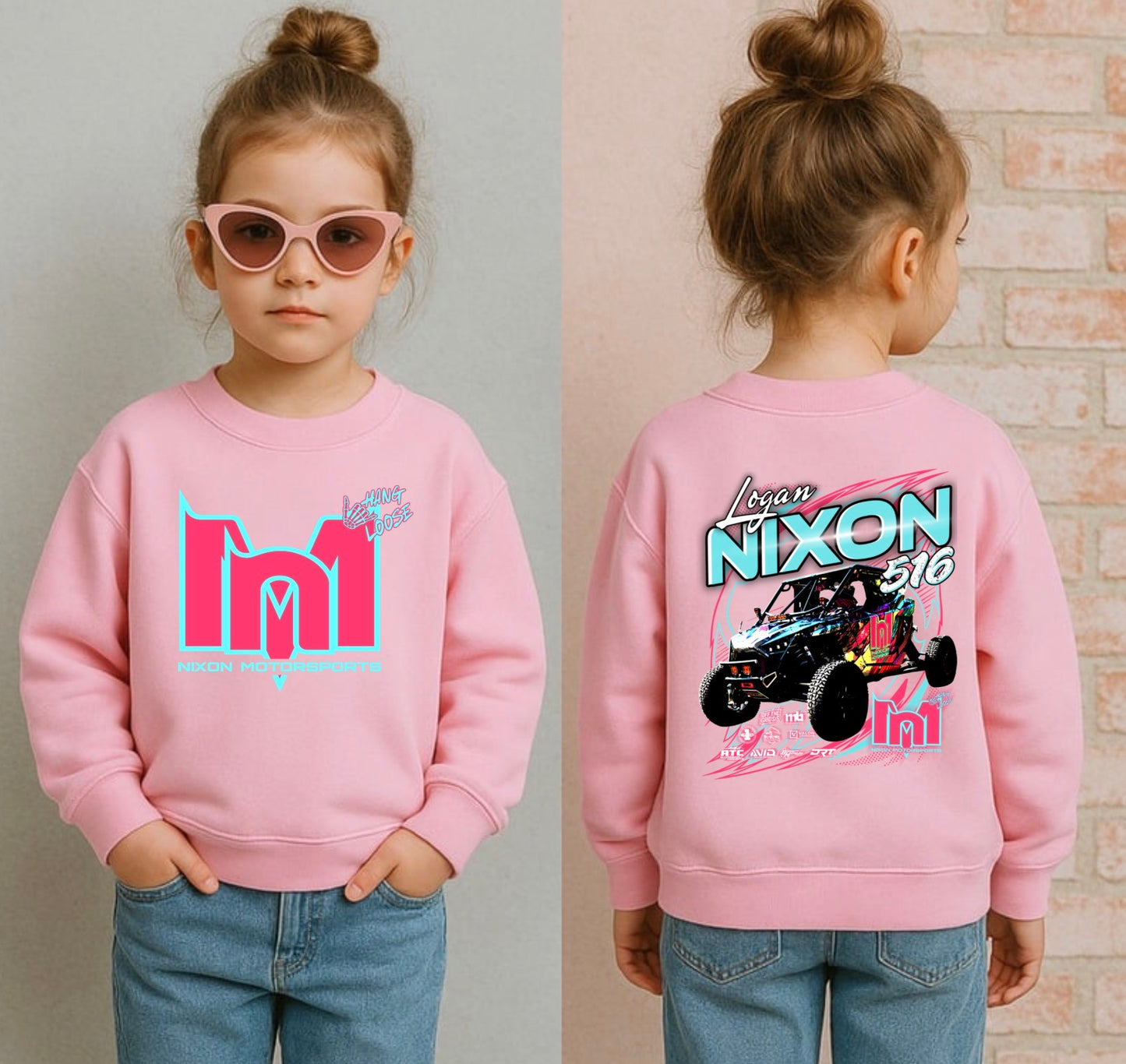 Kids light pink race crewneck